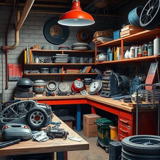 Assorted car parts laid out on a workbench