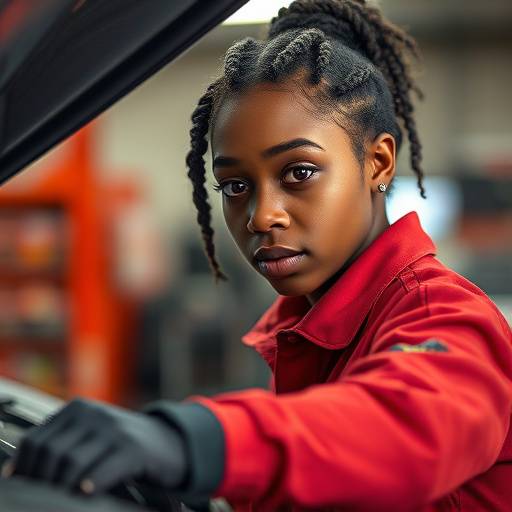 Photo of Aaliyah Jones, the Auto Technician at AutoFix Garage, focused on her work.