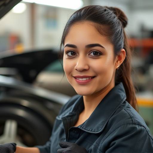 Photo of Maria Sanchez, the Lead Mechanic at AutoFix Garage, looking confident.